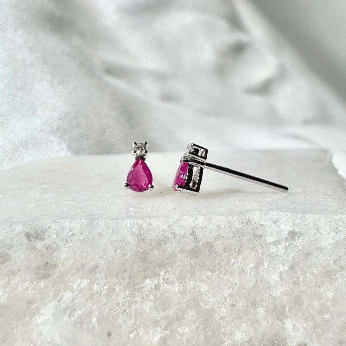 14k Solid Gold Ruby Diamond Teardrop Stud Earrings, July Birthstone Gift
