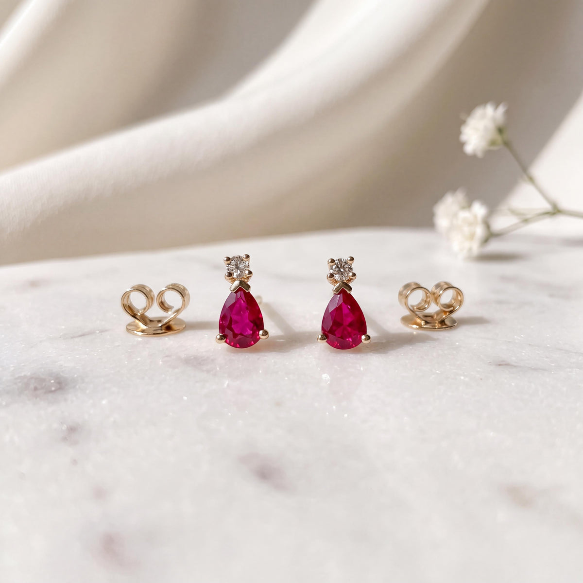 14k Solid Gold Ruby Diamond Teardrop Stud Earrings, July Birthstone Gift