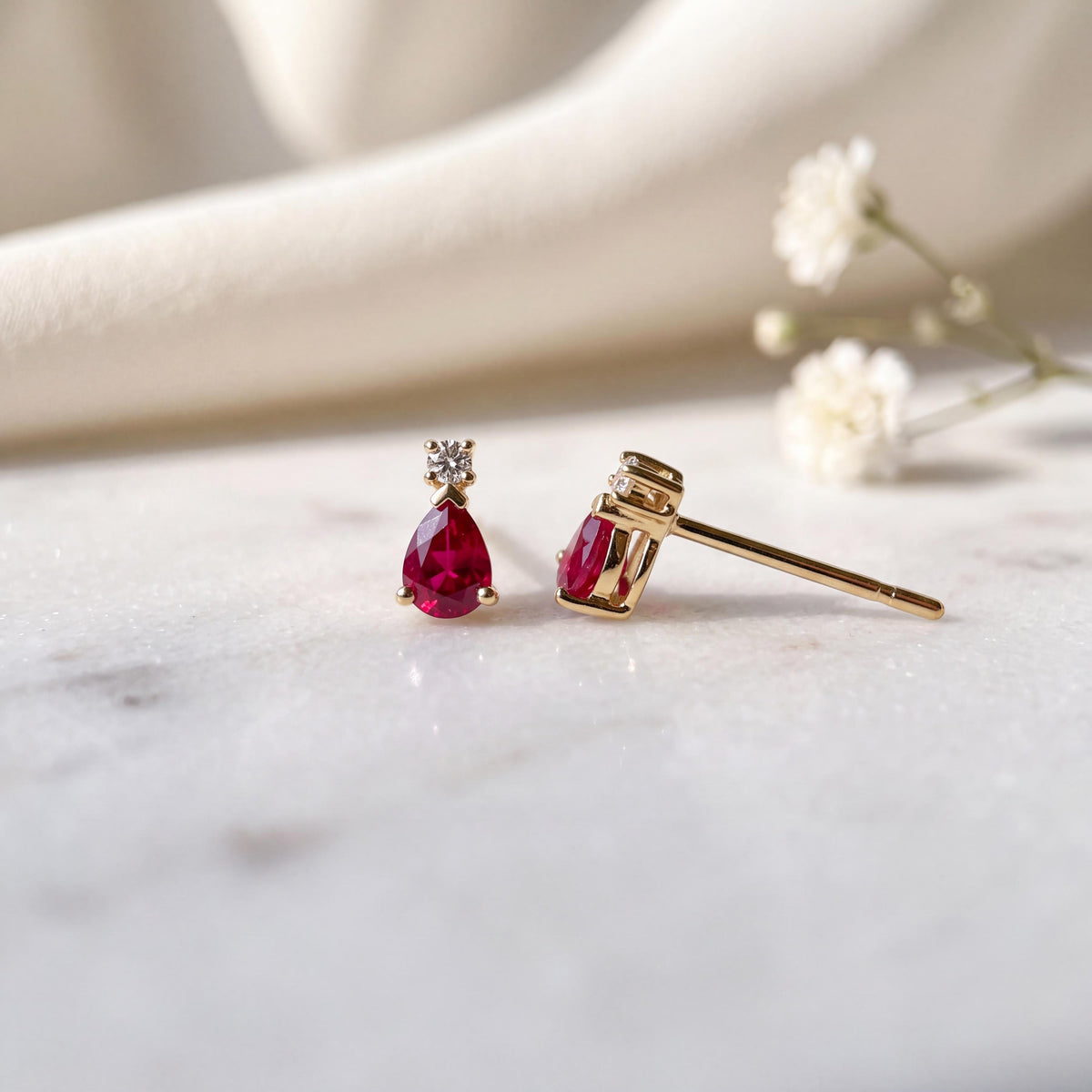 14k Solid Gold Ruby Diamond Teardrop Stud Earrings, July Birthstone Gift