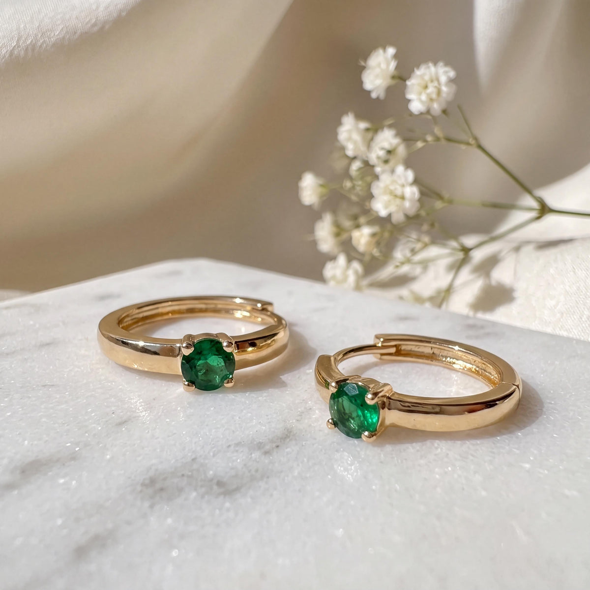 Genuine Dainty Emerald Round Cut Huggie Hoop Earrings, 14k Solid Gold, May Birthstone Gift