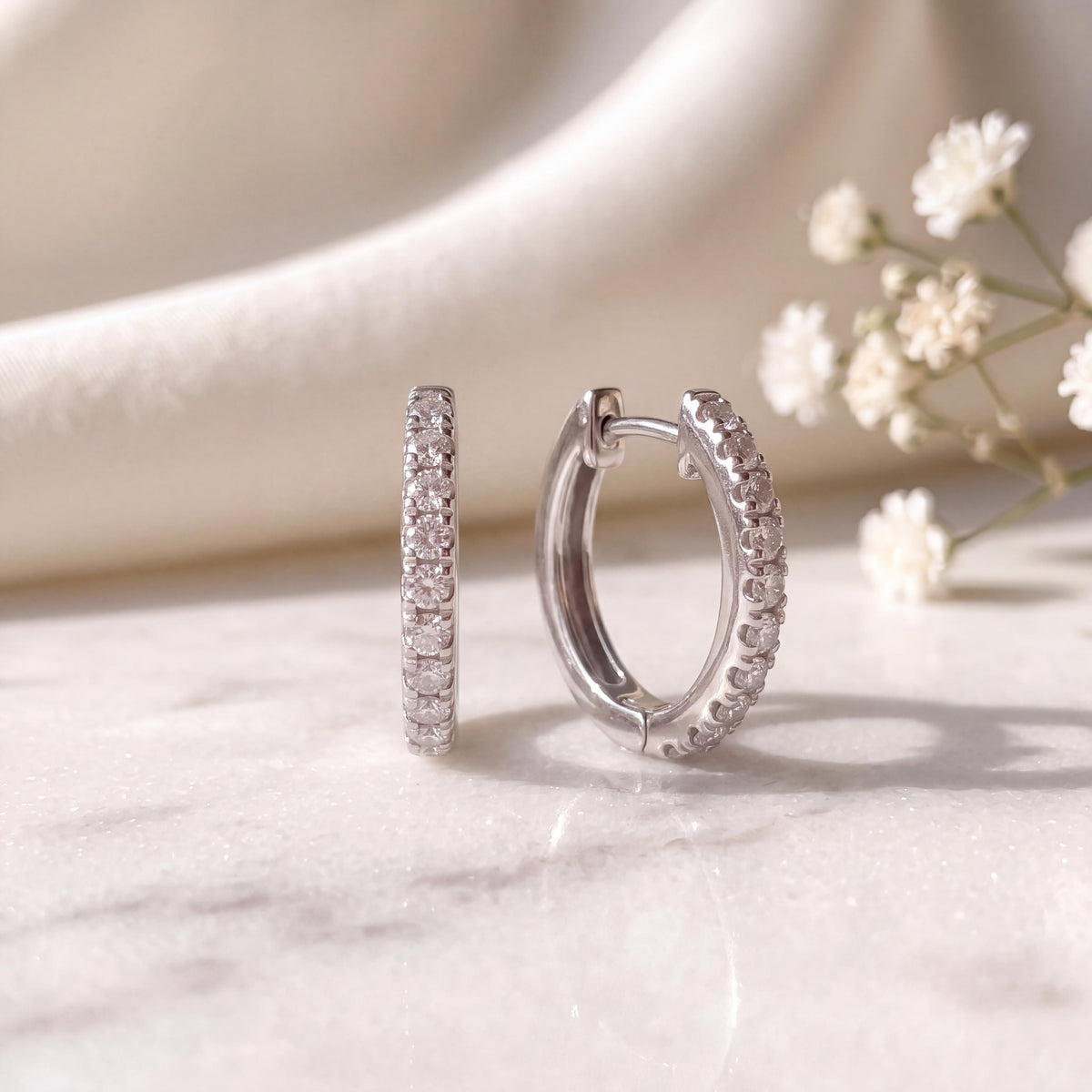 Genuine Diamond Mini Huggie Hoop Earrings, 14k Solid Gold, April Birthstone, Gift for Her