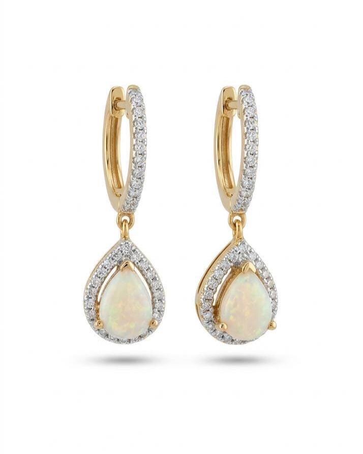 18k Solid Yellow Gold Teardrop Opal Diamond Halo Huggie Hoops, October Birthstone Earrings