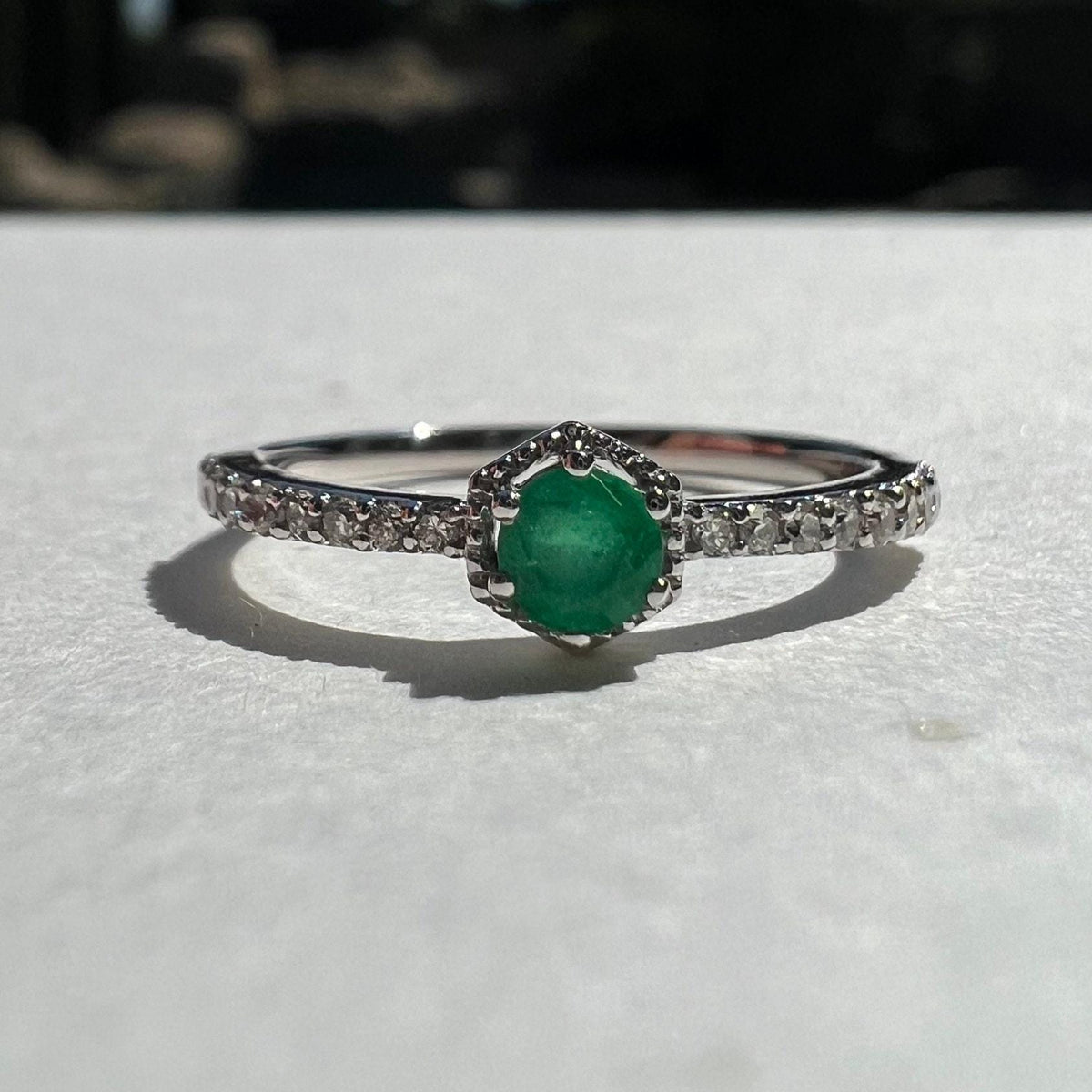 Genuine Emerald and Diamond Dainty Halo Ring, 14k Solid White Gold, May Birthstone, Gift for Her