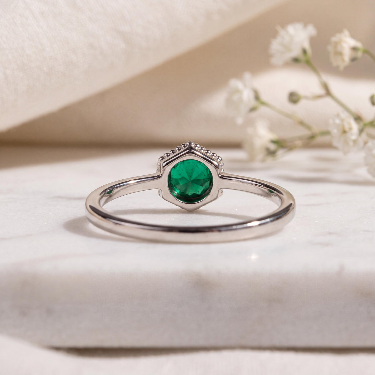Genuine Emerald and Diamond Dainty Halo Ring, 14k Solid White Gold, May Birthstone, Gift for Her