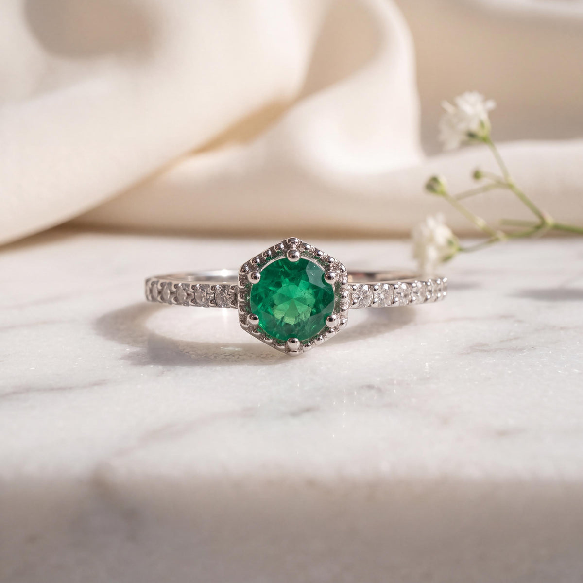 Genuine Emerald and Diamond Dainty Halo Ring, 14k Solid White Gold, May Birthstone, Gift for Her