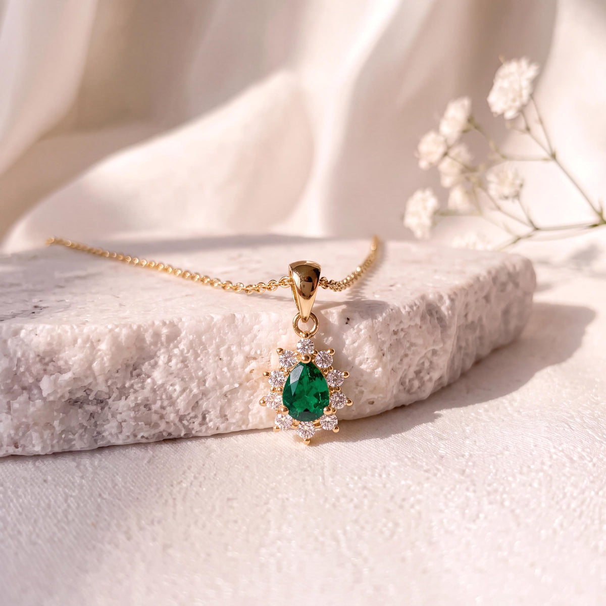 Genuine Emerald and Diamond Pear Cut Flower Pendant | 14k Solid Gold
