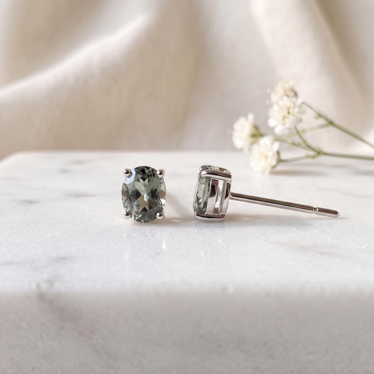 Genuine Green Sapphire Oval Stud Earrings, 14k Solid Gold, September Birthstone