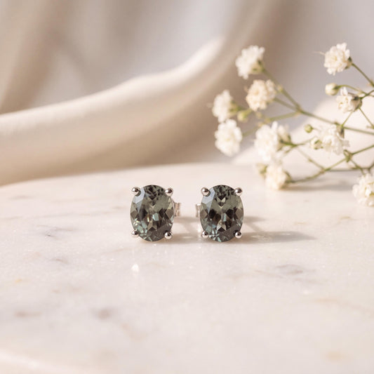 Genuine Green Sapphire Oval Stud Earrings, 14k Solid Gold, September Birthstone