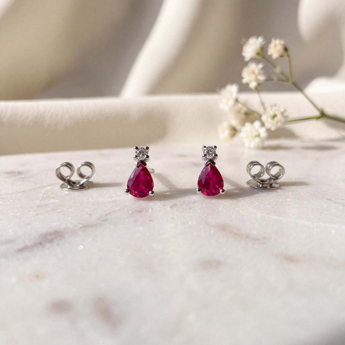 14k Solid Gold Ruby Diamond Teardrop Stud Earrings, July Birthstone Gift