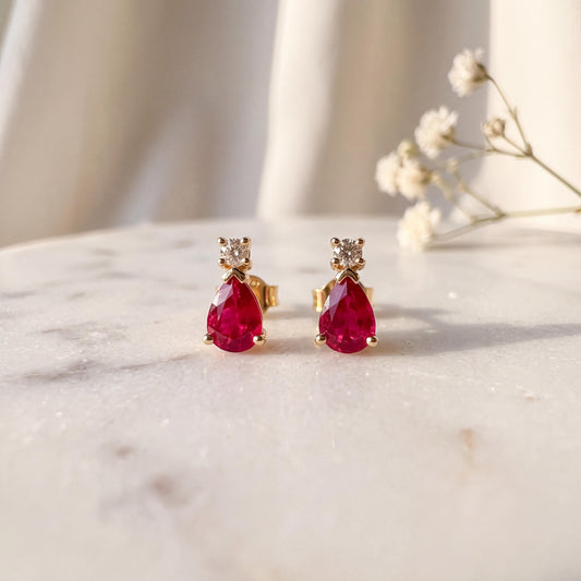 14k Solid Gold Ruby Diamond Teardrop Stud Earrings, July Birthstone Gift