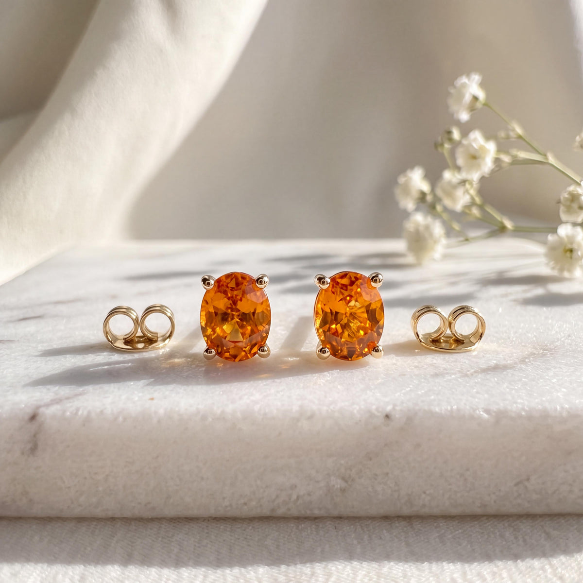 Genuine Orange Sapphire Oval Cut Solitaire Stud Earrings, 14k or 18k Solid Gold, September Birthstone