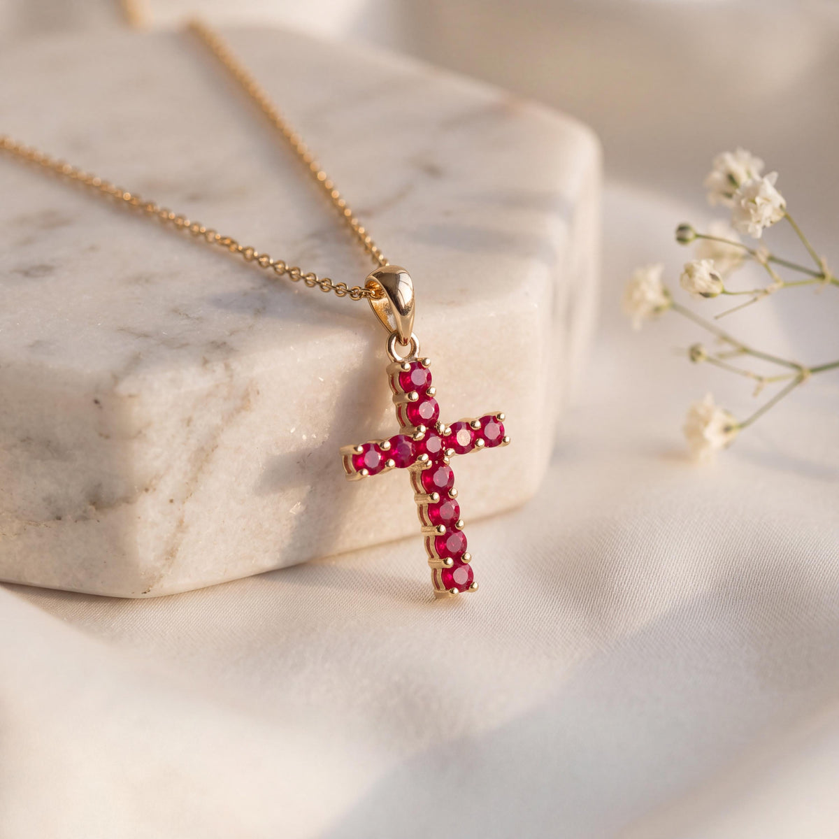 Genuine Ruby Cross Pendant, Medium, 14k Solid Gold, July Birthstone, Gift for Her