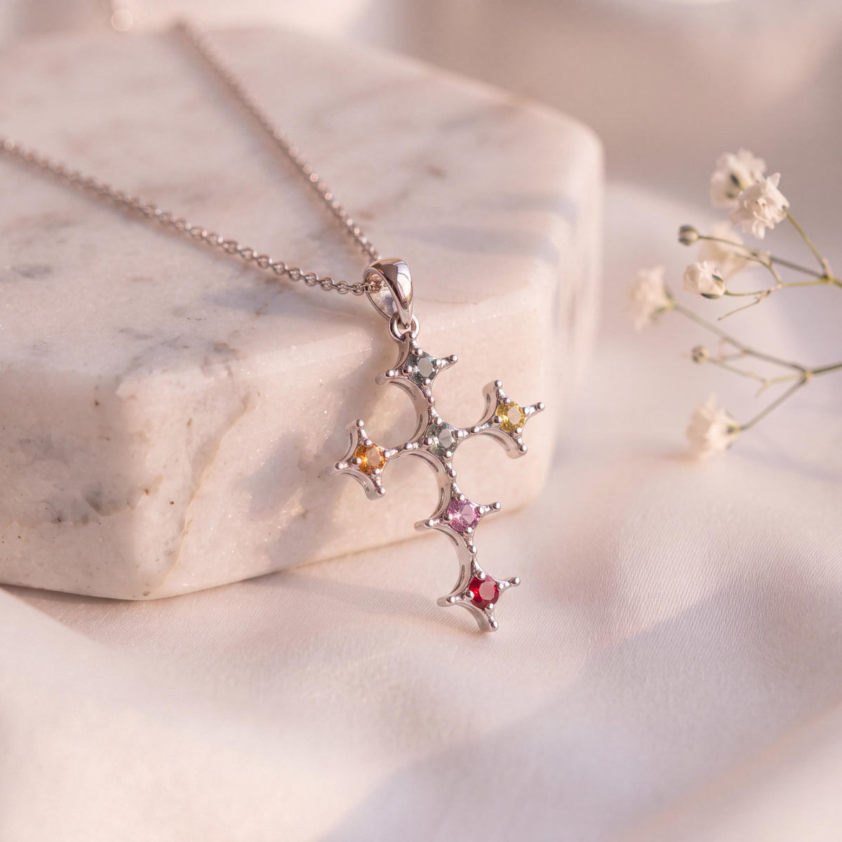 Genuine Rainbow Sapphire Cross Pendant, 18k Solid Gold, September Birthstone, Gift for Her