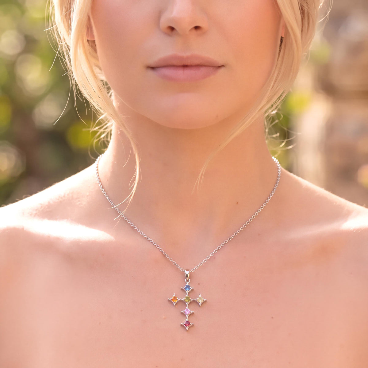 Genuine Rainbow Sapphire Cross Pendant, 18k Solid Gold, September Birthstone, Gift for Her