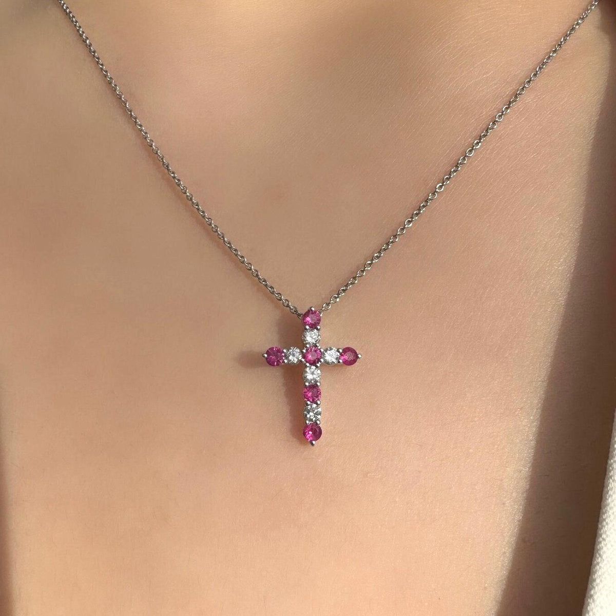 Genuine Ruby and Diamond Cross Pendant in 14k Solid Gold