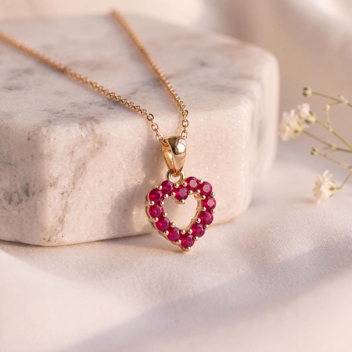 Genuine Ruby Pavé Heart Outline Pendant, 14k Solid Gold, July Birthstone, Gift for Her
