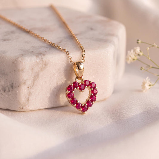 Genuine Ruby Pavé Heart Outline Pendant, 14k Solid Gold, July Birthstone, Gift for Her