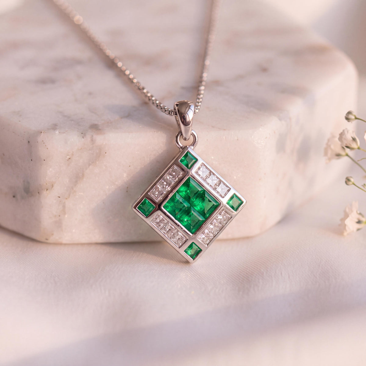 14k Solid Gold Emerald Diamond Cathedral Window Pendant, May Birthstone Jewelry