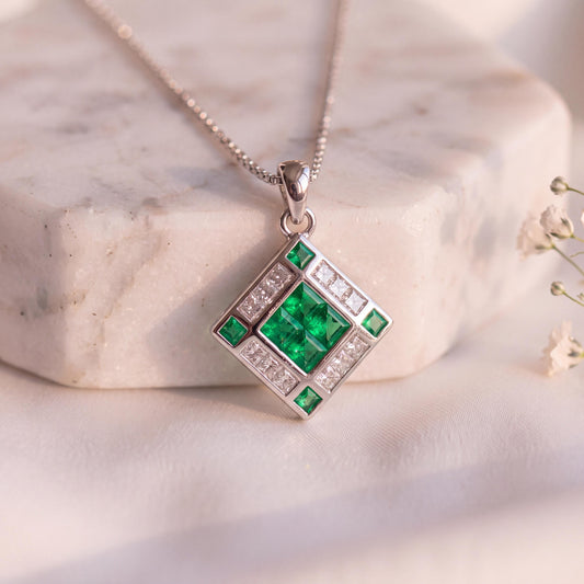 14k Solid Gold Emerald Diamond Cathedral Window Pendant, May Birthstone Jewelry