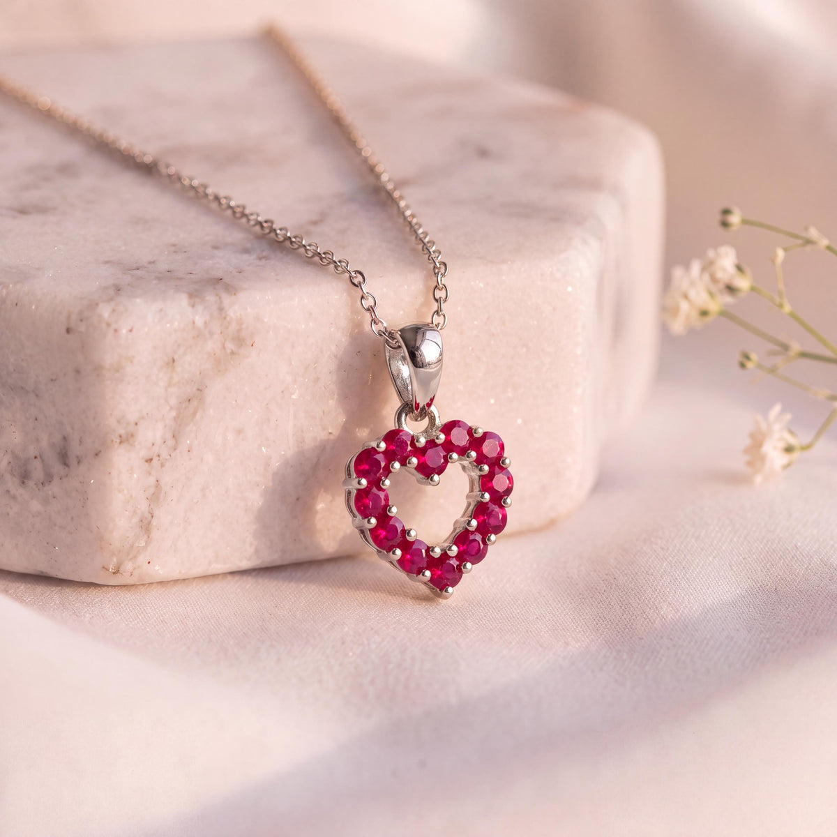 Genuine Ruby Pavé Heart Outline Pendant, 14k Solid Gold, July Birthstone, Gift for Her