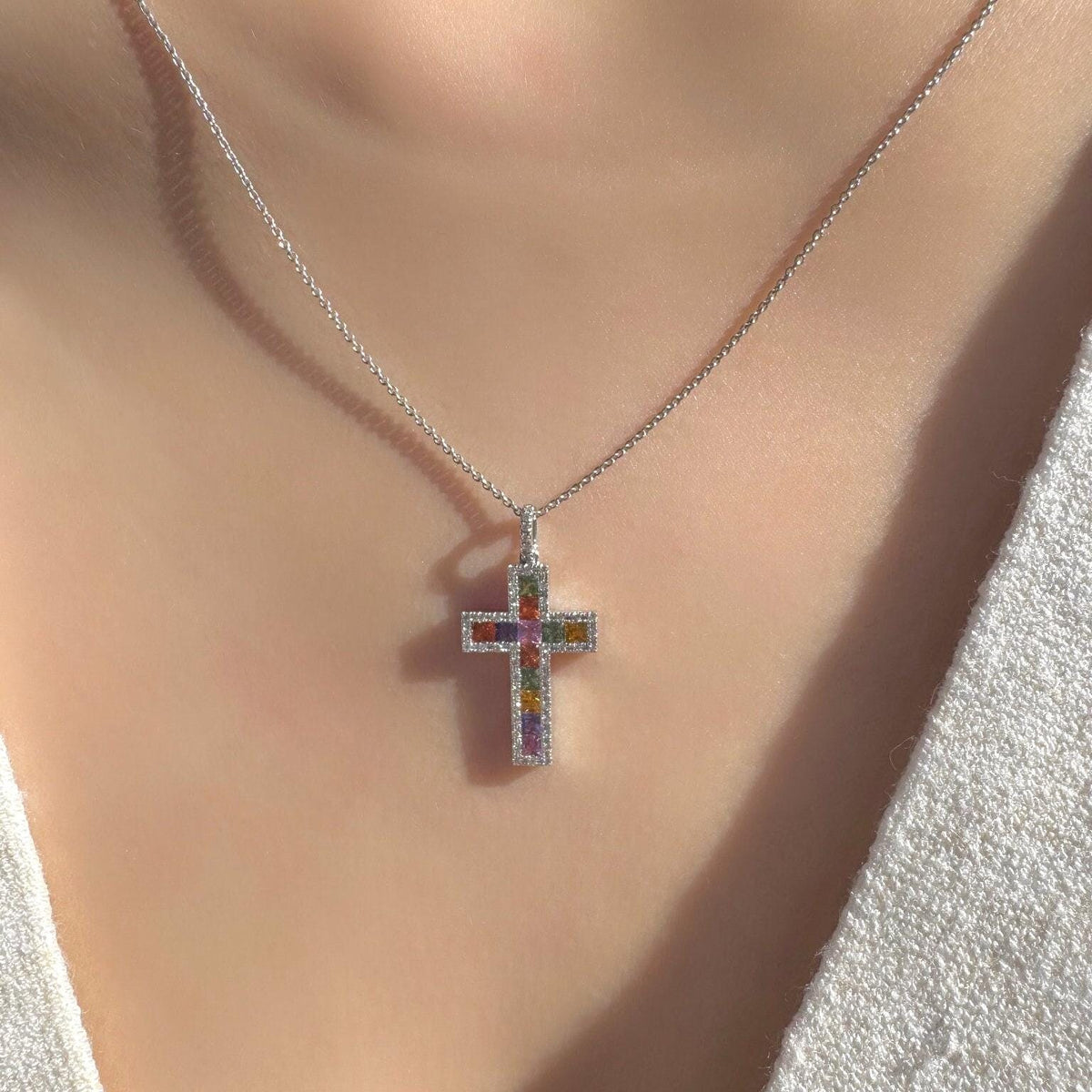 14k Solid Gold Rainbow Sapphire Diamond Cross Pendant, September Birthstone Jewelry