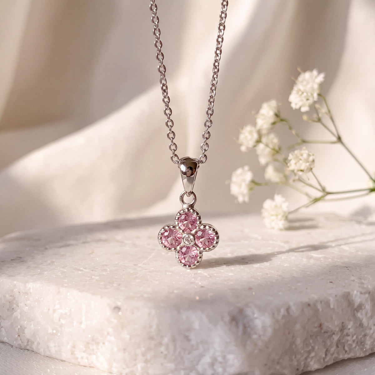 14k Solid Gold Pink Sapphire Diamond Clover Pendant, Mini, September Birthstone Jewelry