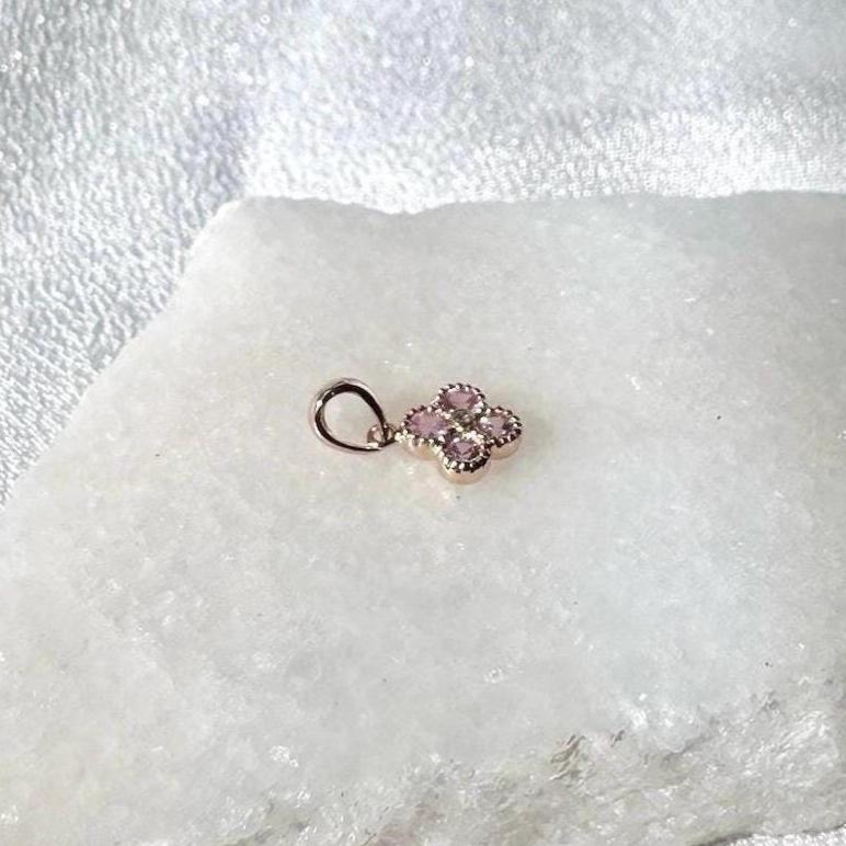 14k Solid Gold Pink Sapphire Diamond Clover Pendant, Mini, September Birthstone Jewelry