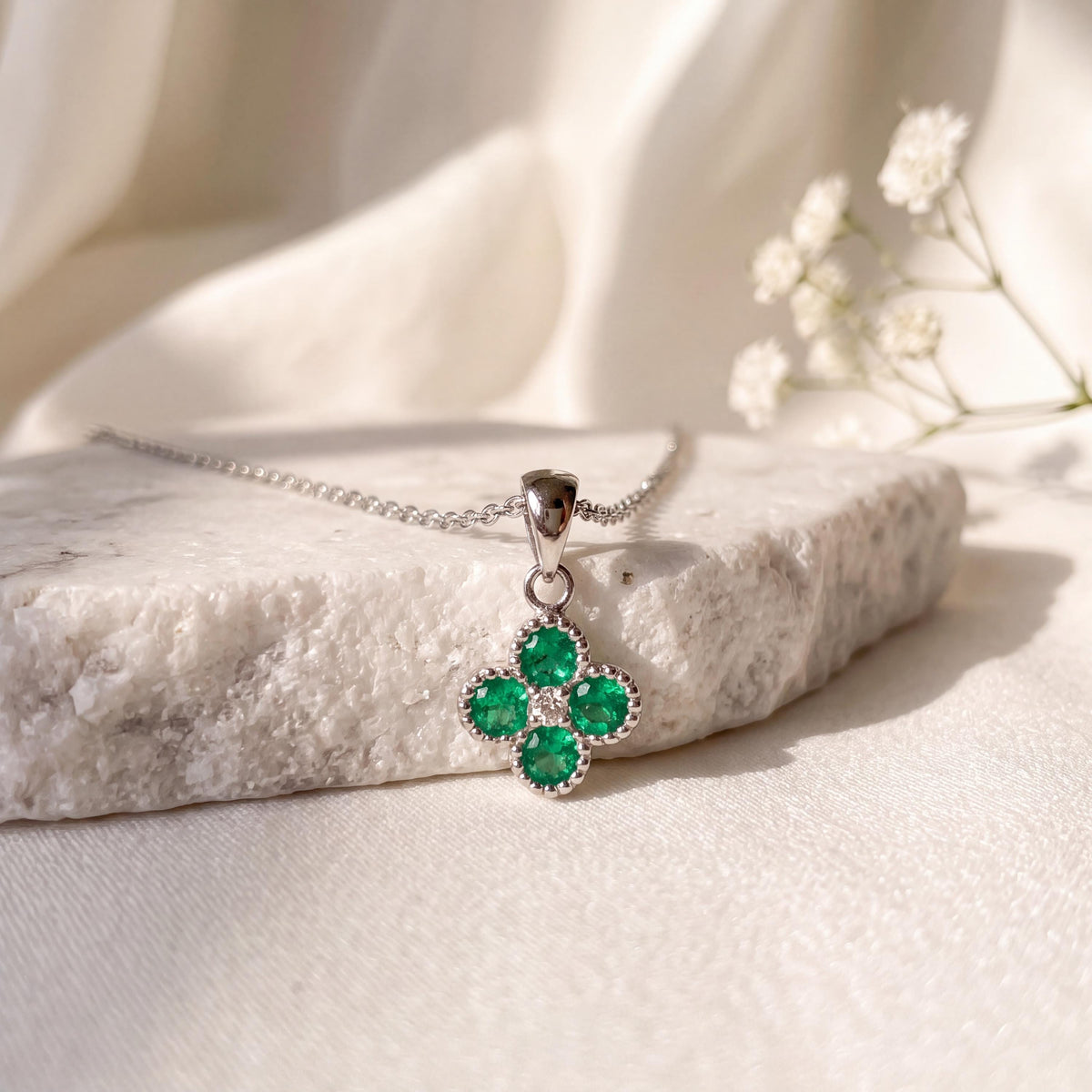 14k Solid Gold Emerald Diamond Clover Pendant, Mini, May Birthstone Jewelry