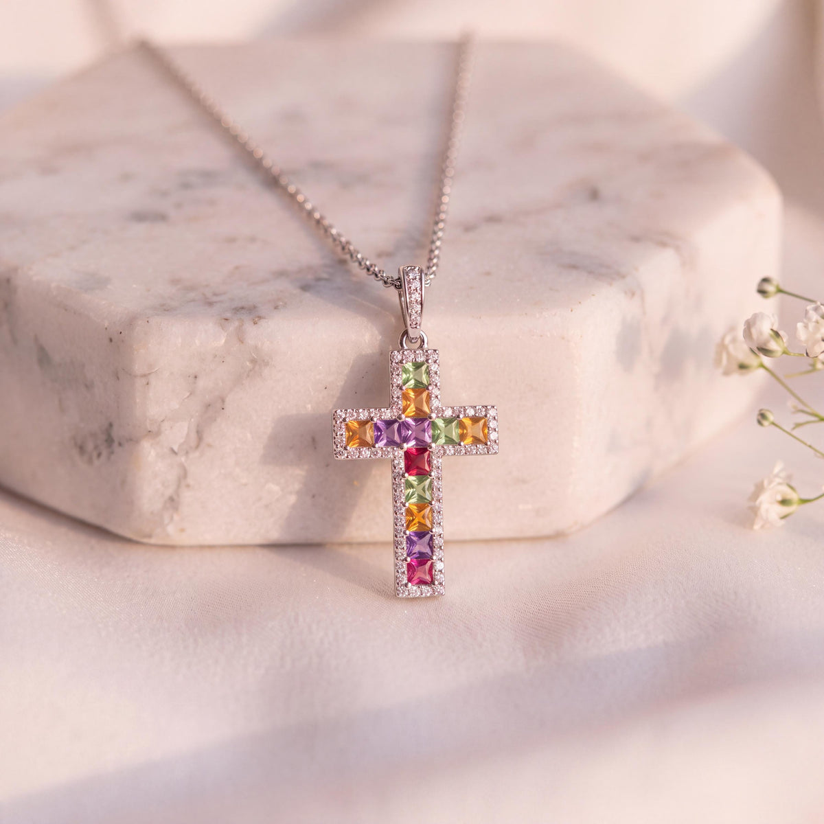 14k Solid Gold Rainbow Sapphire Diamond Cross Pendant, September Birthstone Jewelry