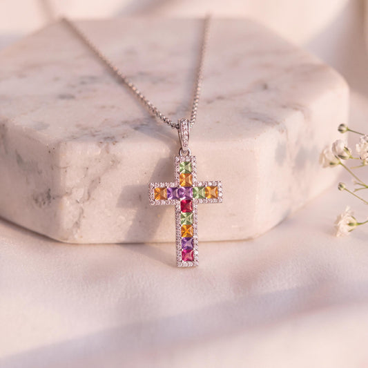 14k Solid Gold Rainbow Sapphire Diamond Cross Pendant, September Birthstone Jewelry
