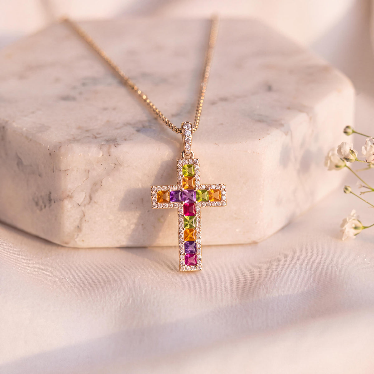 14k Solid Gold Rainbow Sapphire Diamond Cross Pendant, September Birthstone Jewelry