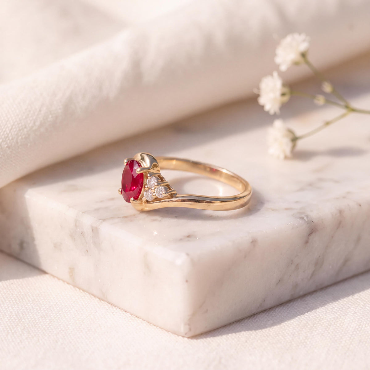 14k Solid Gold Oval Ruby Diamond Cluster Swirl Ring, July Birthstone, Handcrafted Jewelry