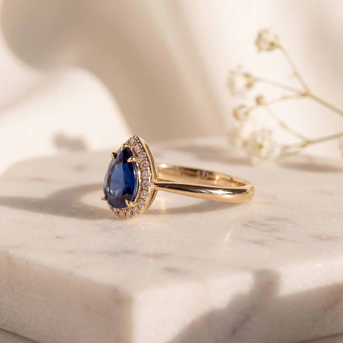 14k Solid Yellow Gold Sapphire Diamond Halo Ring, Pear Cut September Birthstone