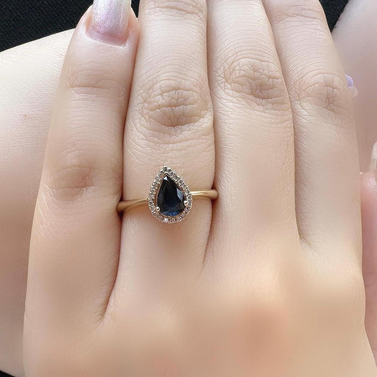 14k Solid Yellow Gold Sapphire Diamond Halo Ring, Pear Cut September Birthstone
