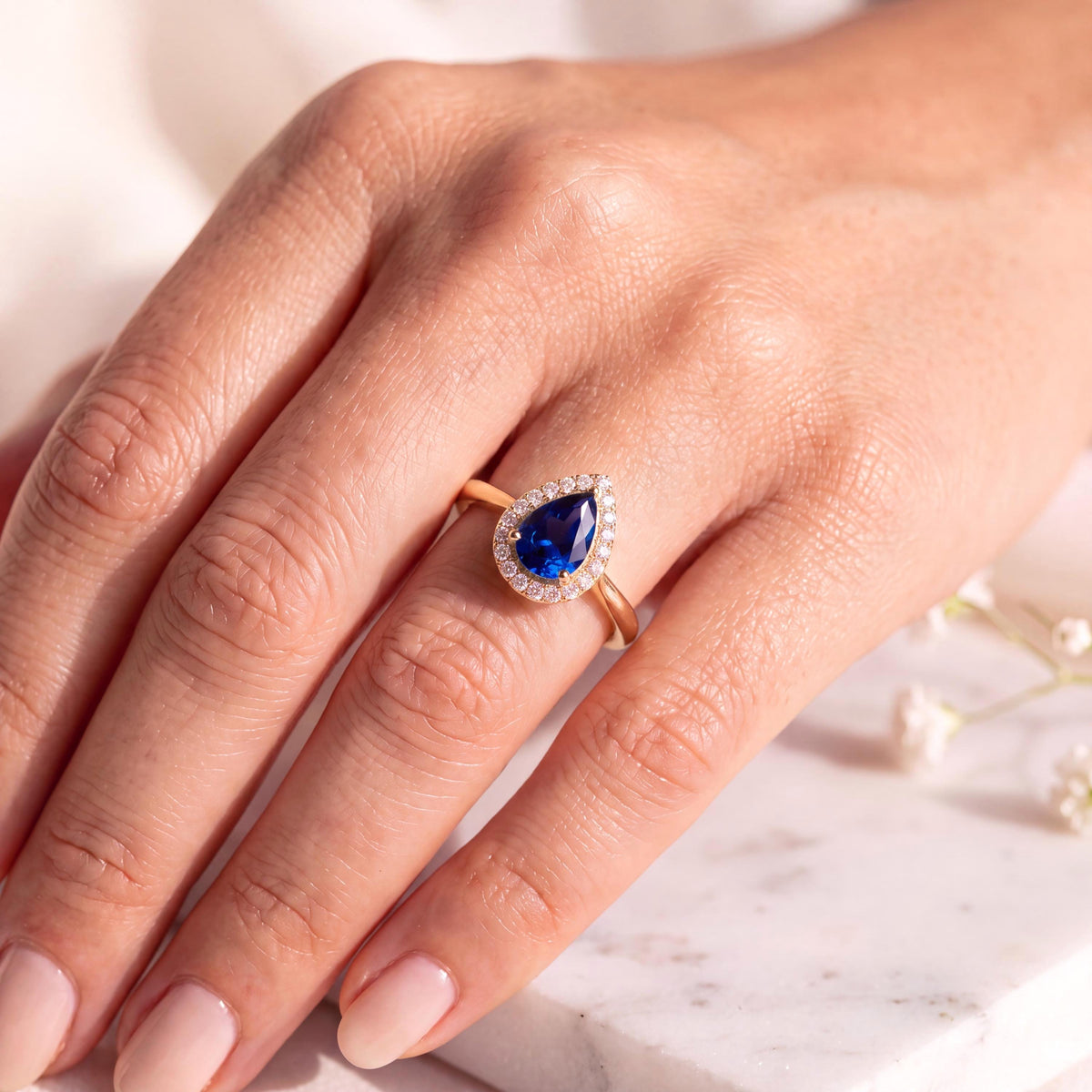 14k Solid Yellow Gold Sapphire Diamond Halo Ring, Pear Cut September Birthstone