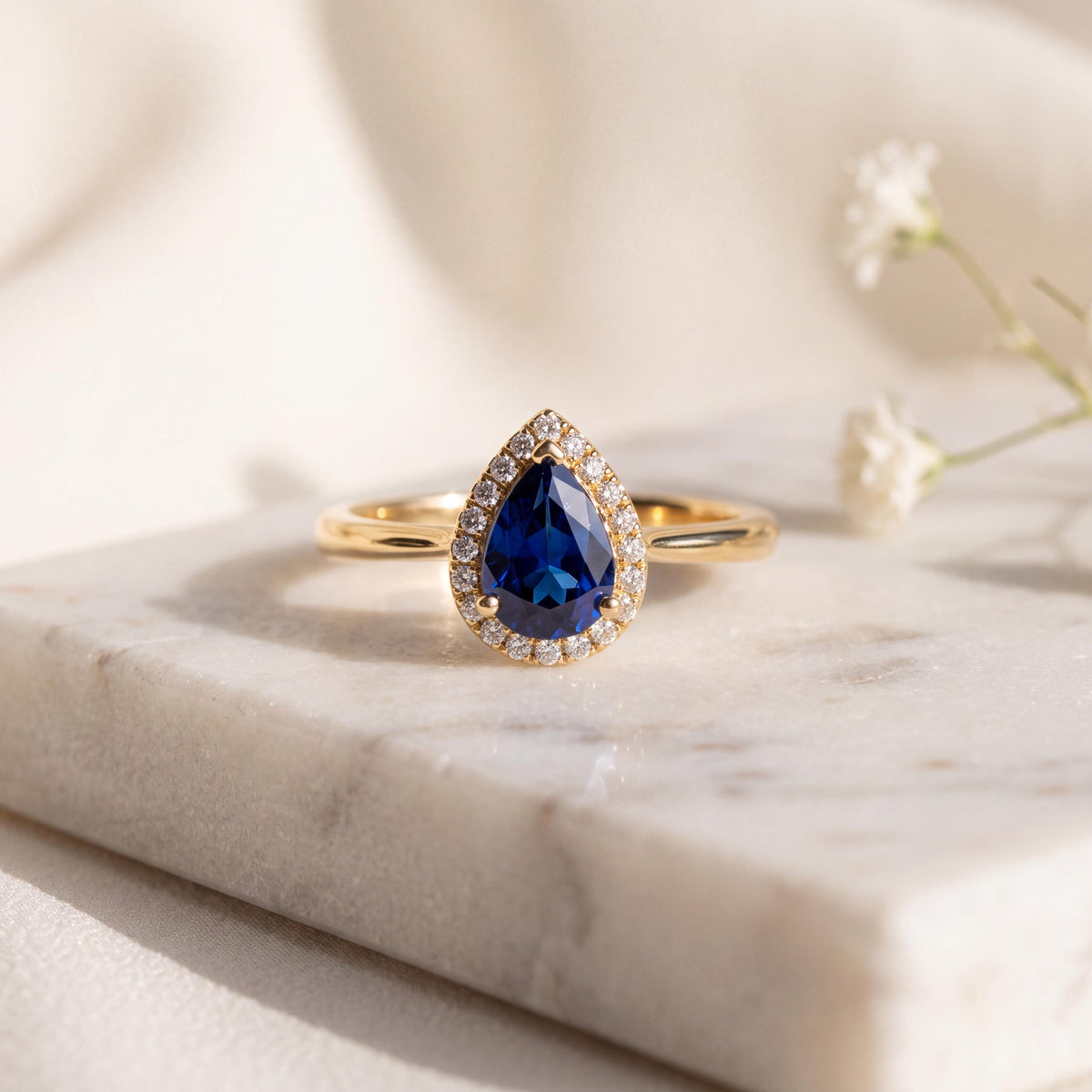14k Solid Yellow Gold Sapphire Diamond Halo Ring, Pear Cut September Birthstone