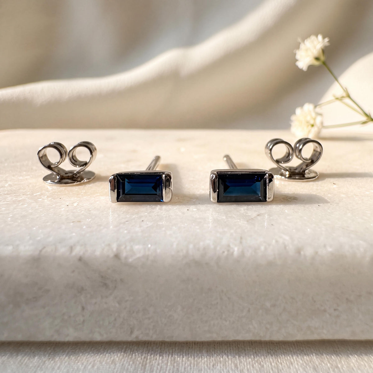 14k Solid Gold Baguette Sapphire Stud Earrings, September Birthstone Gift