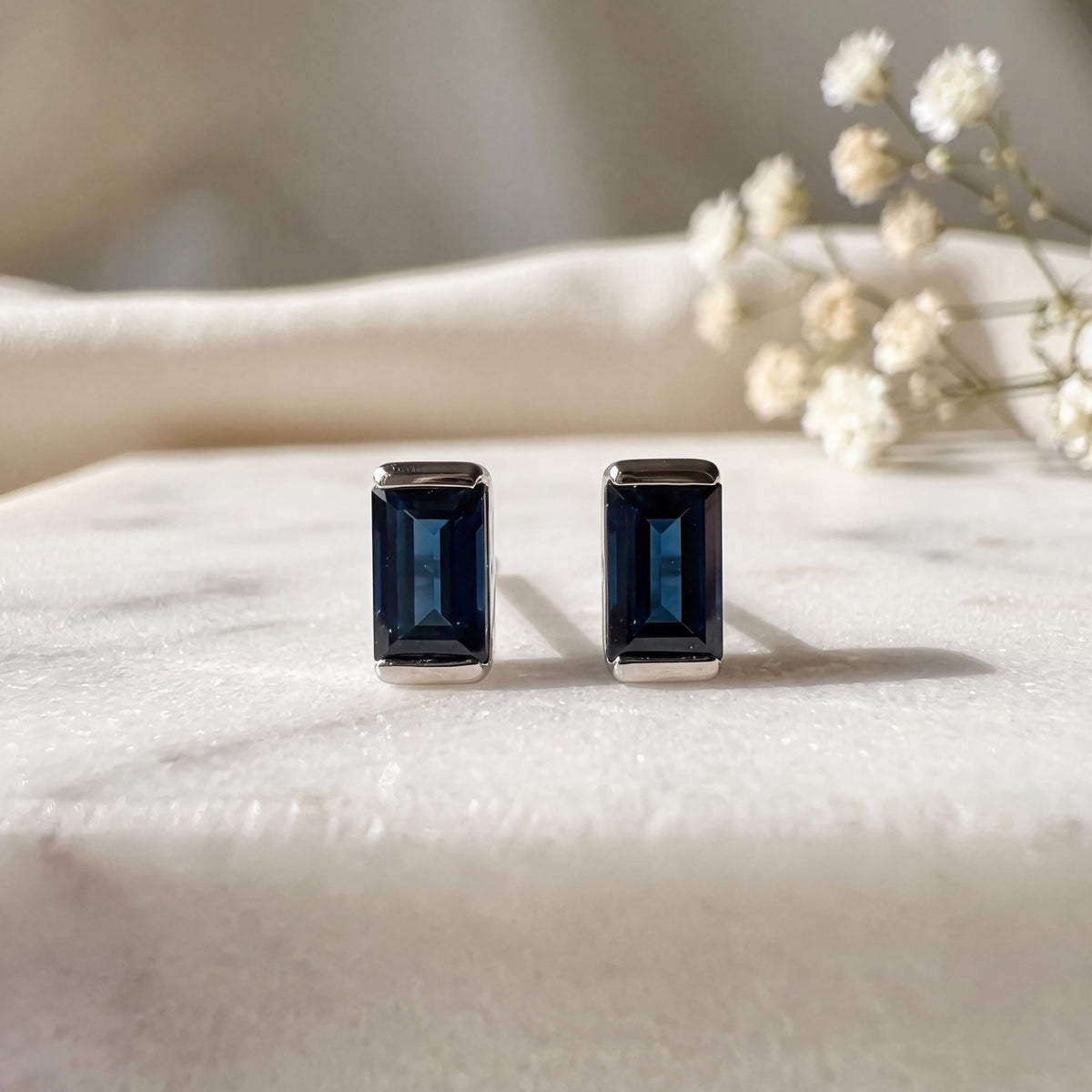 14k Solid Gold Baguette Sapphire Stud Earrings, September Birthstone Gift