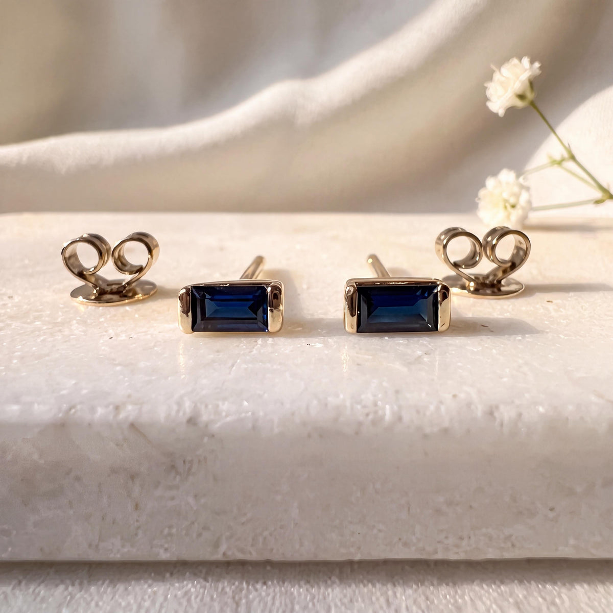 14k Solid Gold Baguette Sapphire Stud Earrings, September Birthstone Gift
