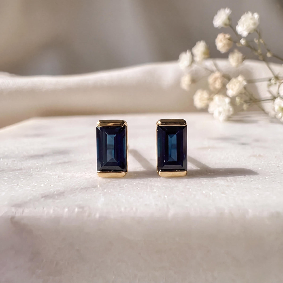 14k Solid Gold Baguette Sapphire Stud Earrings, September Birthstone Gift