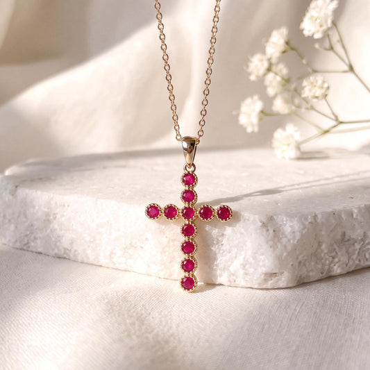 Genuine Ruby Cross Pendant, 14k Solid Yellow Gold, July Birthstone, Gift for Her