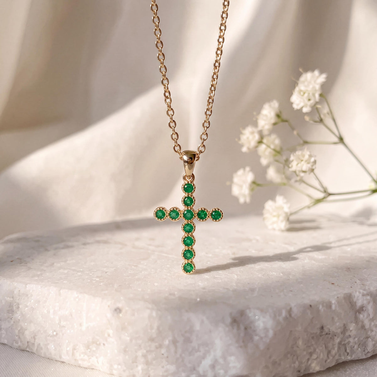 Genuine Emerald Cross Pendant, 14k Solid Yellow Gold, May Birthstone, Gift for Her