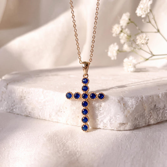 Genuine Sapphire Cross Pendant, 14k Solid Yellow Gold, September Birthstone, Gift for Her