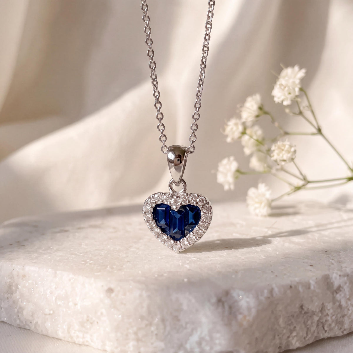 14k Solid Gold Heart Pendant, Sapphire & Diamond Halo, September Birthstone Gift