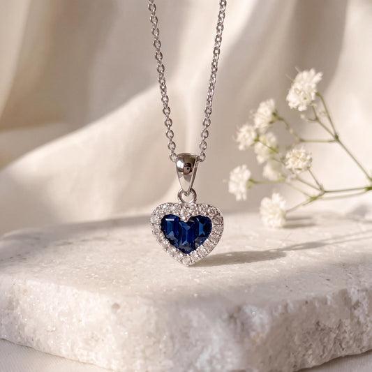 14k Solid Gold Heart Pendant, Sapphire & Diamond Halo, September Birthstone Gift
