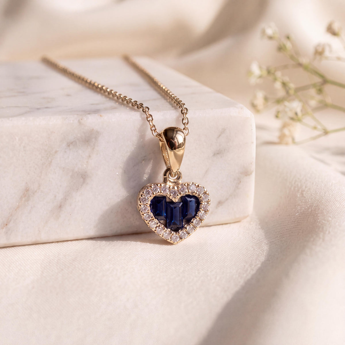14k Solid Gold Heart Pendant, Sapphire & Diamond Halo, September Birthstone Gift