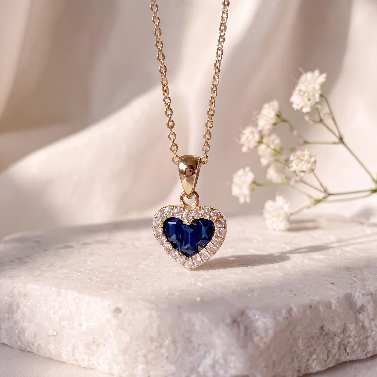 14k Solid Gold Heart Pendant, Sapphire & Diamond Halo, September Birthstone Gift
