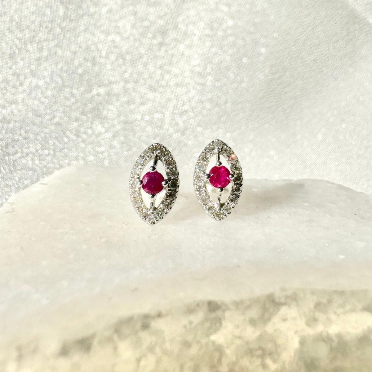 14k White Gold Ruby Diamond Marquise Halo Stud Earrings, July Birthstone
