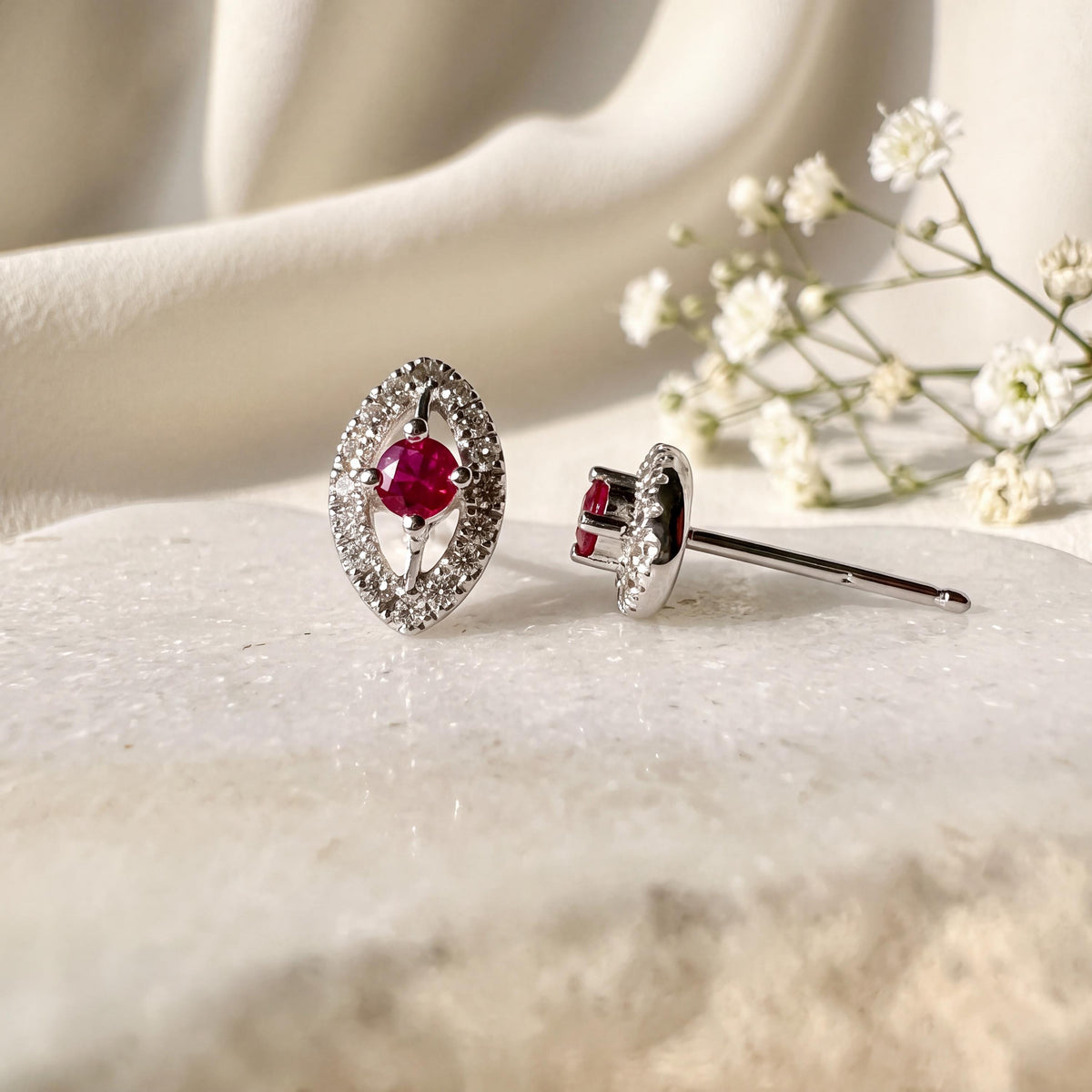14k White Gold Ruby Diamond Marquise Halo Stud Earrings, July Birthstone