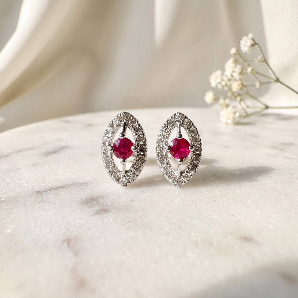 14k White Gold Ruby Diamond Marquise Halo Stud Earrings, July Birthstone